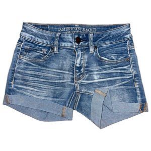 American Eagle Womens Cuffed Shorts 0 Midi Mid Rise Light Wash Embroidered Logo
